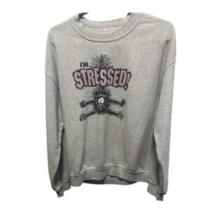 Vintage Crewneck Cartoon Cat Stressed Out Sweatshirt Gray Pink Medium 80s 90s
